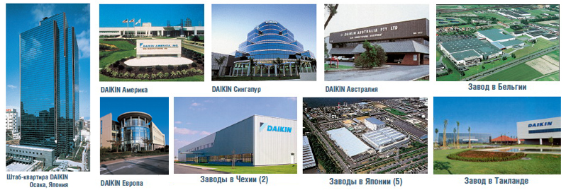 Заводы (в Японии, Бельгии, Чехиии и Тайланде) и представительства (в Японии, Европе, Америке, Сингапуре и Австралии) корпорации DAIKIN INDUSTRIES